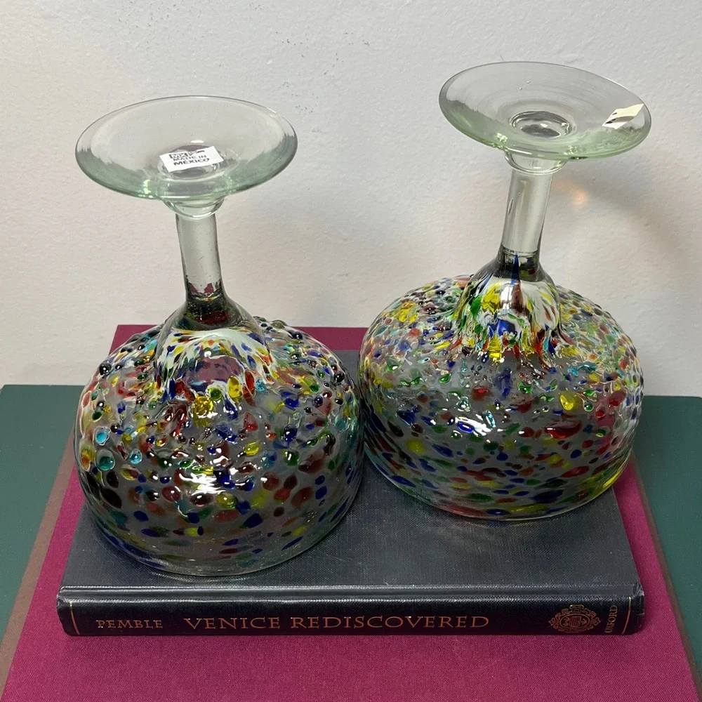 Pair Handblown Confetti Rock Multicolor Recycled Glass Margarita‎ Glasses Mexico